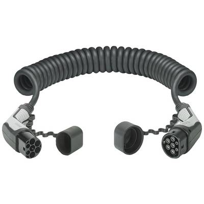 Un cavo a spirale con due connettori alle estremità, protetti da coperture. Adatto per veicoli elettrici.