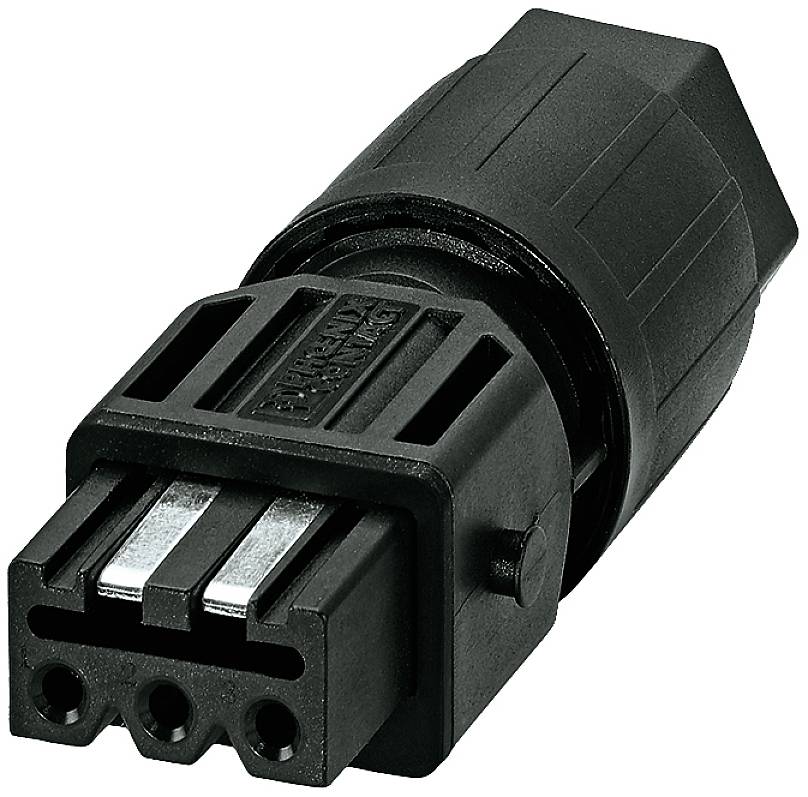 Connettore elettrico nero con tre contatti metallici e involucro in plastica, idoneo per applicazioni industriali.