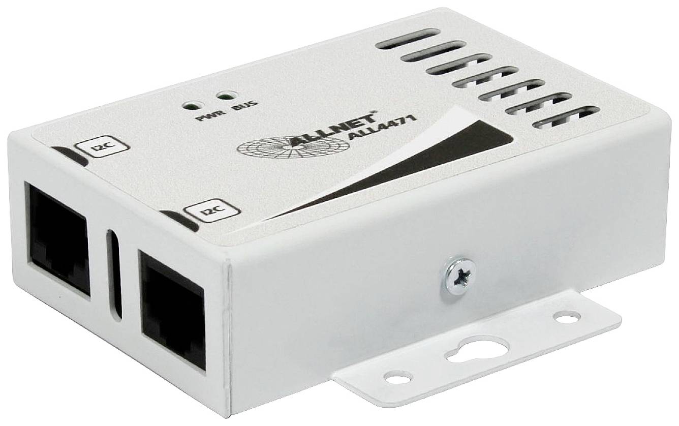 Un piccolo dispositivo di rete rettangolare bianco con la scritta 'ALLNET ALL4471', due porte e fessure di ventilazione.