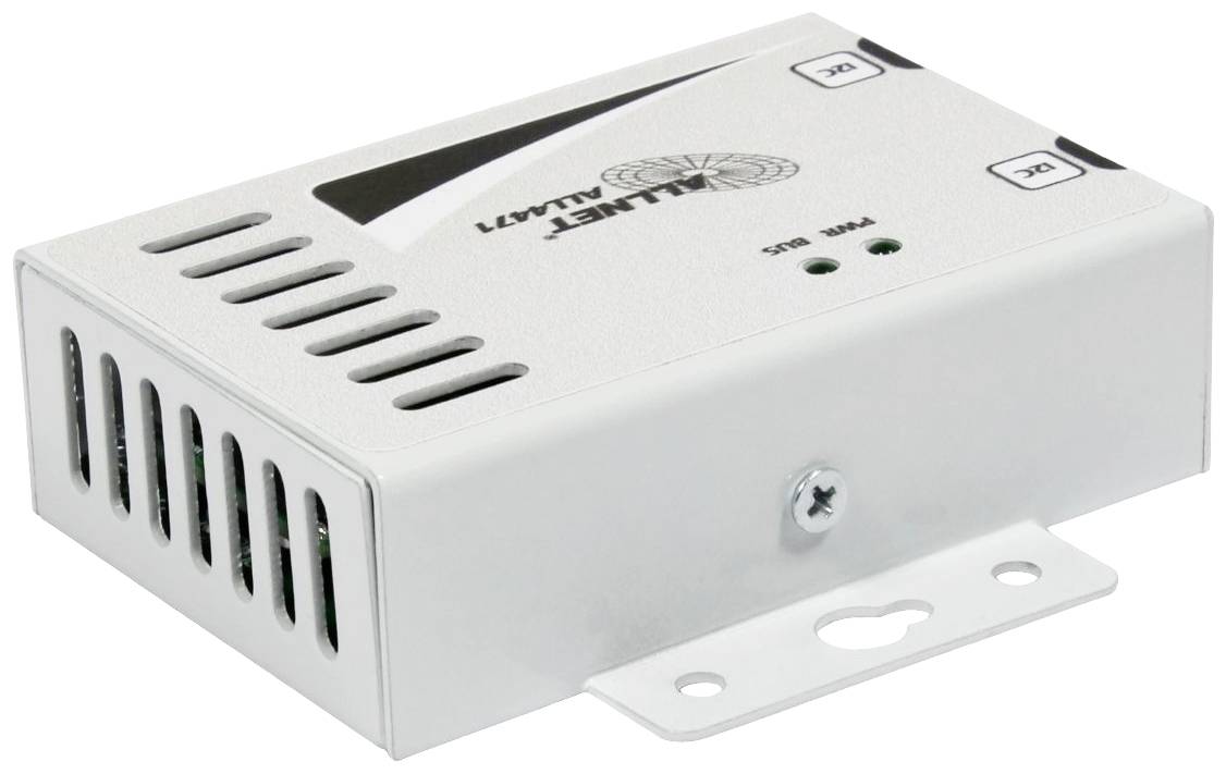 Un dispositivo elettronico bianco con fessure di ventilazione e due LED sul lato frontale. Idoneo per il montaggio a parete.