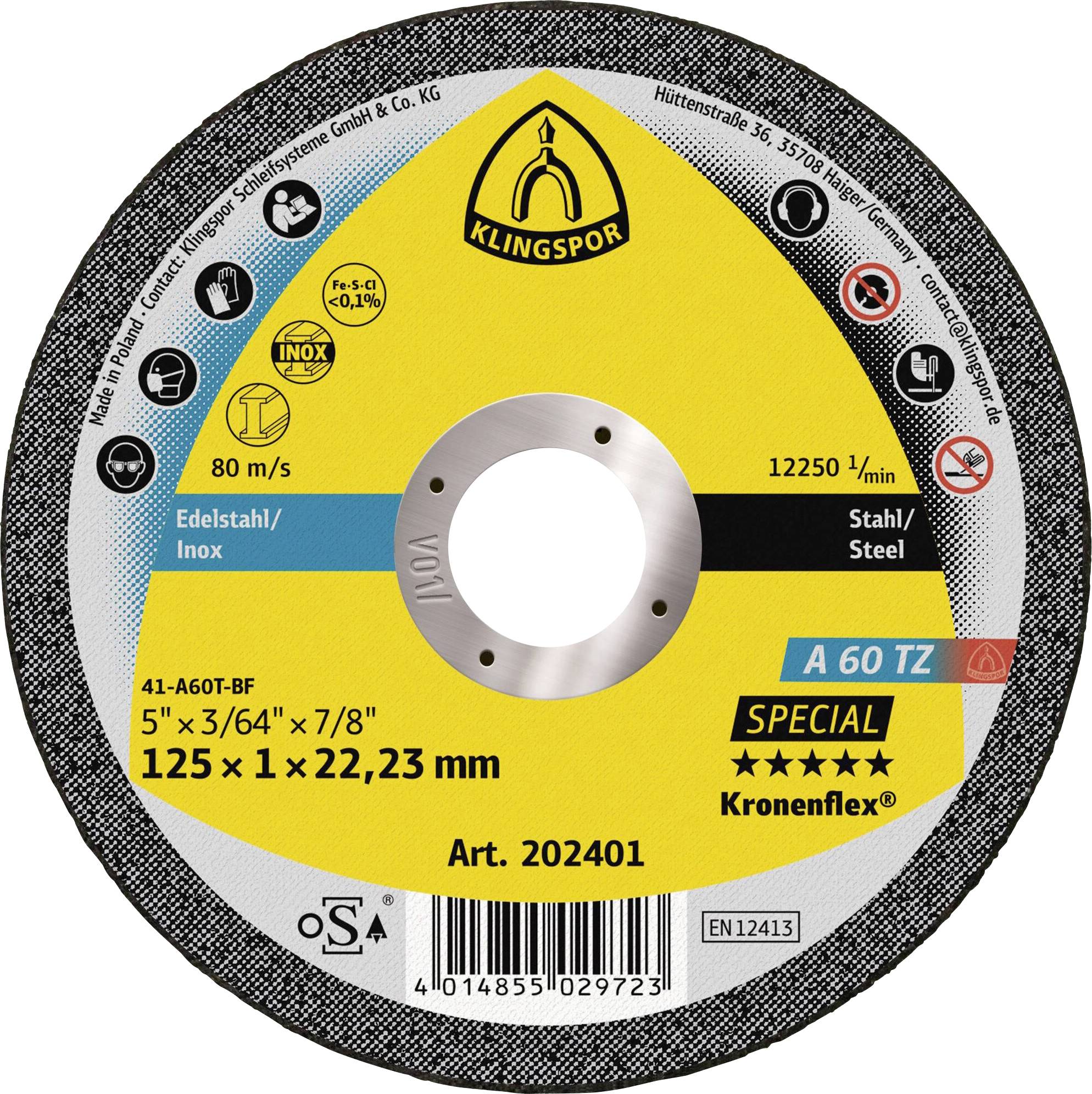 Un'etichetta di disco da taglio Klingspor Kronenflex per metallo, con compatibilità "Acciaio inossidabile/Inox" e "Acciaio", 125 x 1 x 22,23 mm, velocità massima 12250/min.