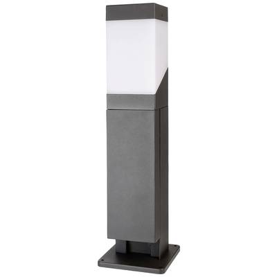 Una lampada esterna grigia, quadrata, con corpo illuminante bianco opaco, adatta per l'illuminazione di sentieri o giardini.