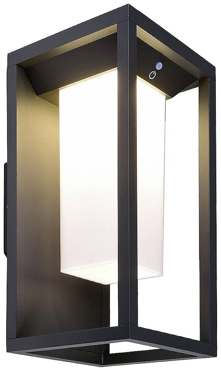Una moderna lampada da esterno nera con cornice rettangolare ed elemento centrale luminoso, adatta per il montaggio a parete.