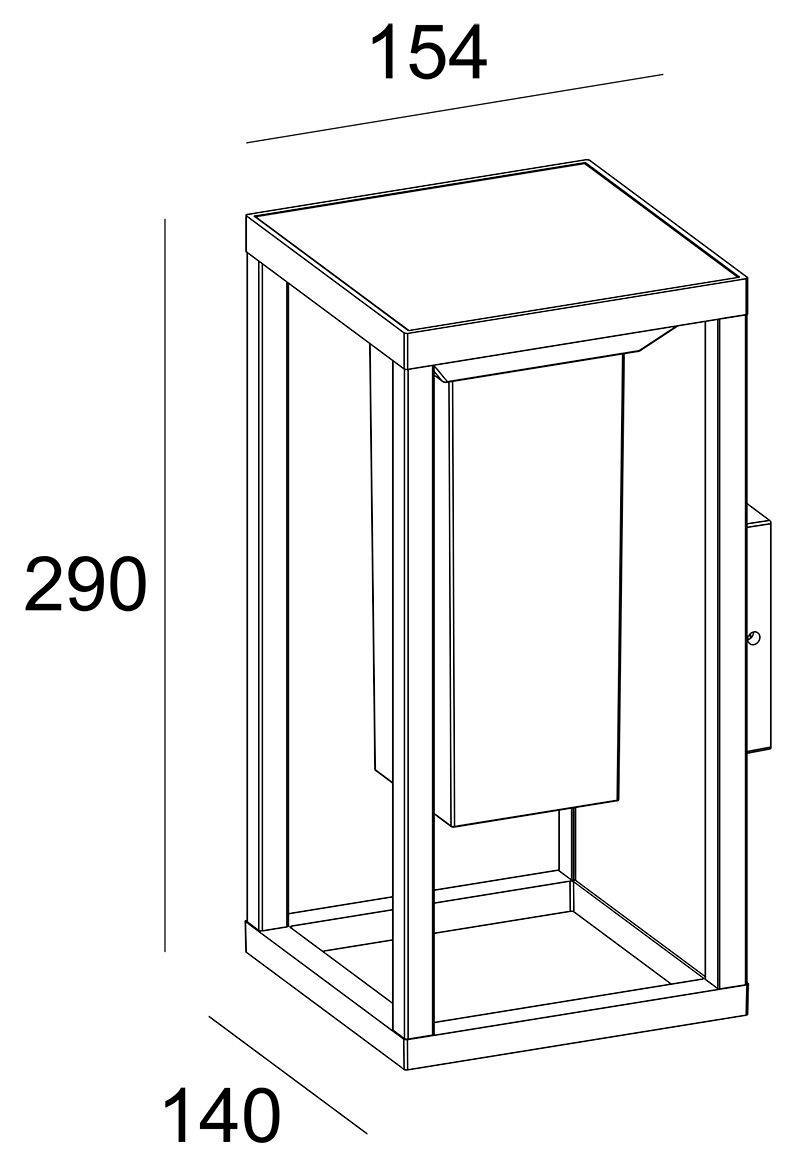 Disegno di un involucro rettangolare con le dimensioni: altezza 290, larghezza 154, profondità 140.