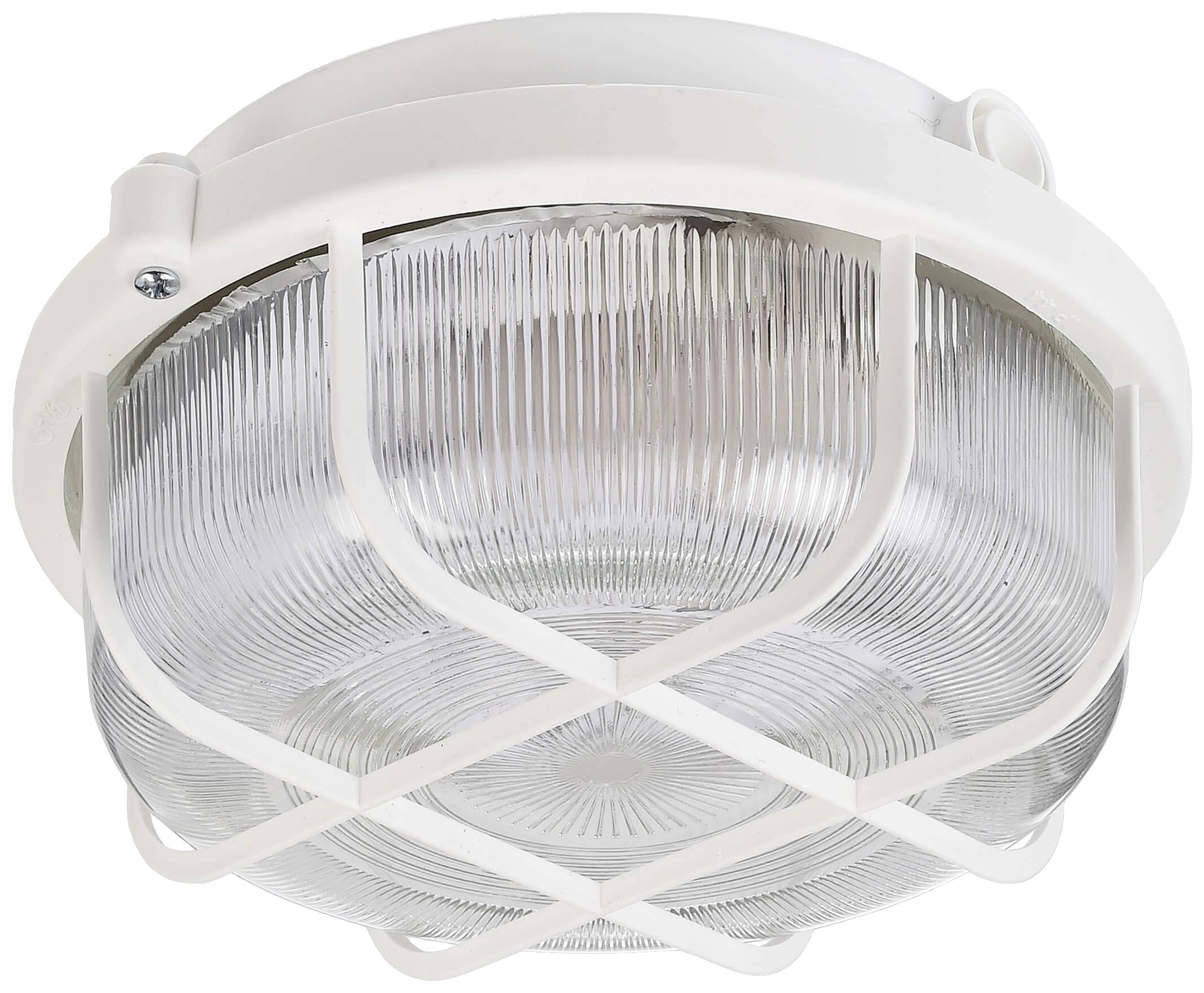 Una plafoniera rotonda bianca con vetro zigrinato e griglia di protezione per il montaggio a soffitto.