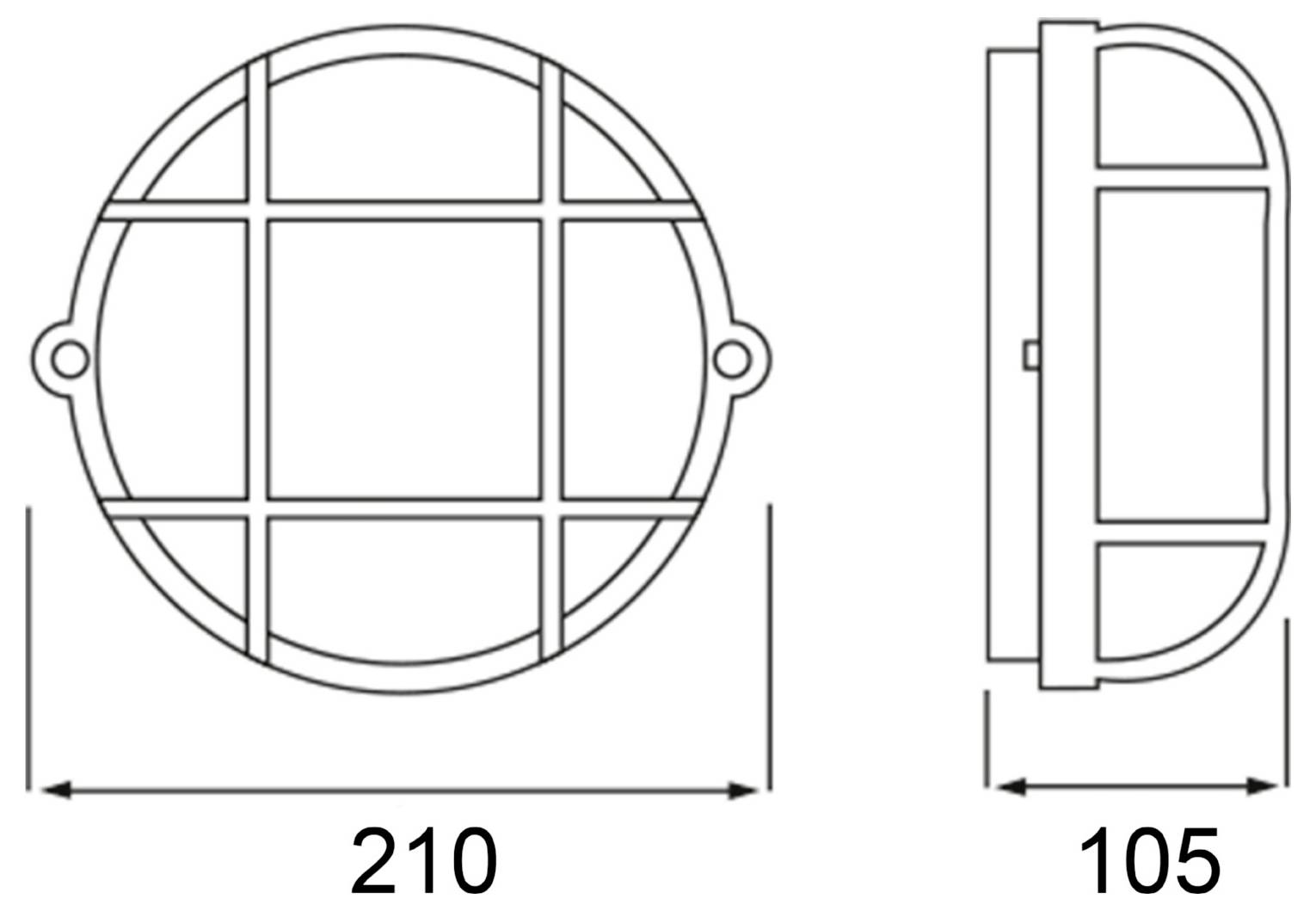 Disegno tecnico di un apparecchio di illuminazione rotondo con due linguette di montaggio laterali, che mostra viste frontale e laterale; quote indicate 210 e 105.