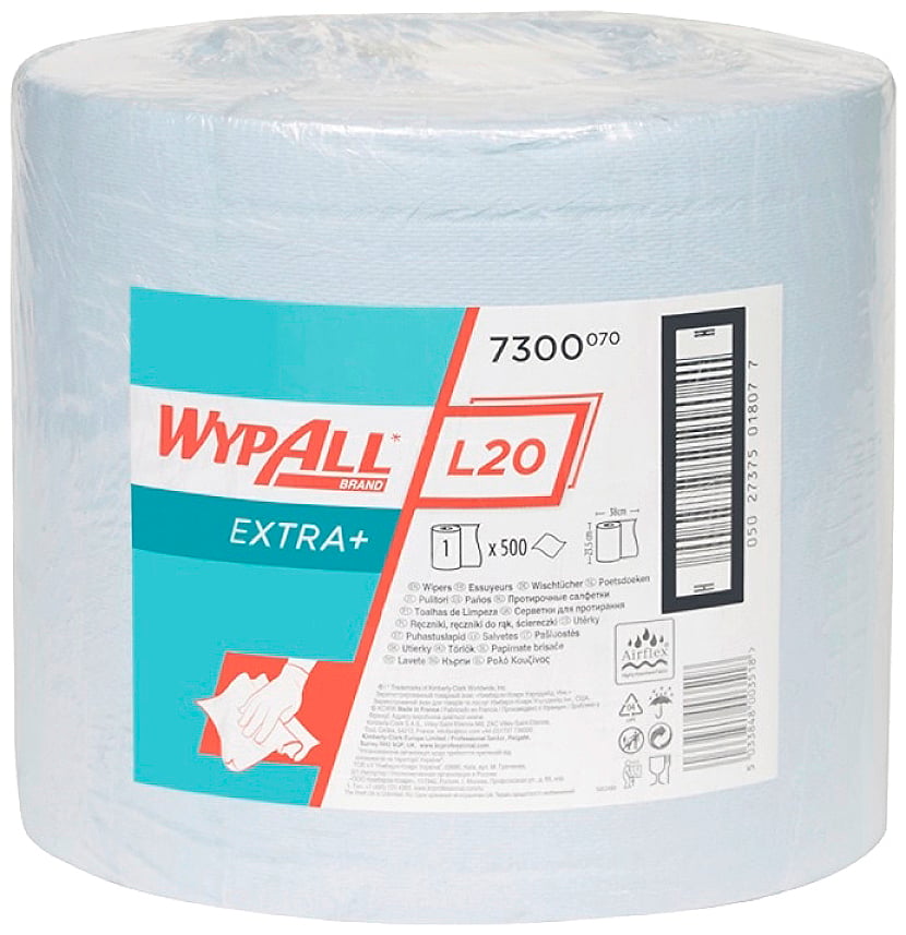 Un rotolo di panni WypAll L20 con 500 fogli blu altamente assorbenti. Principalmente adatto per la pulizia industriale.