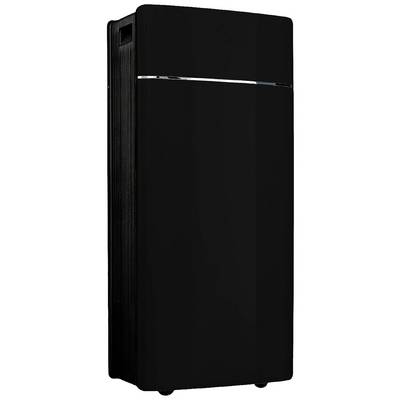 Un raffreddatore d'aria nero, rettangolare, dal design semplice, adatto per ambienti interni. Poggia su piccole ruote per facilitare lo spostamento.