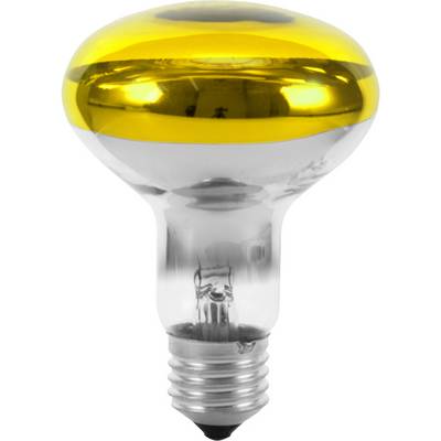 Lampadina gialla con base zigrinata, vetro riflettente e calotta luminosa. Appare energica e distintiva.