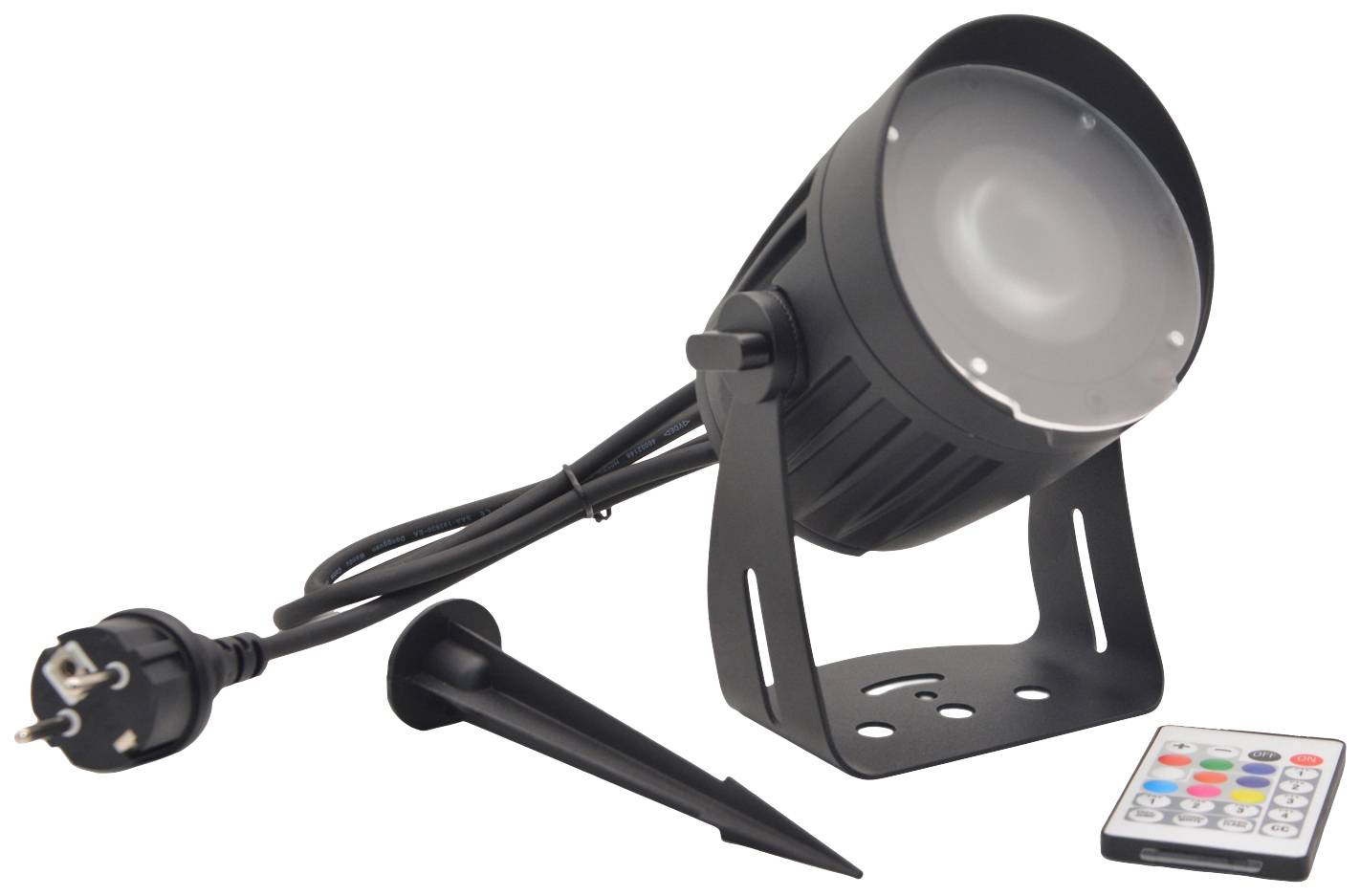 Proiettore da giardino a LED nero con picchetto di terra, cavo di alimentazione e telecomando per il controllo del colore; adatto per l'illuminazione esterna.