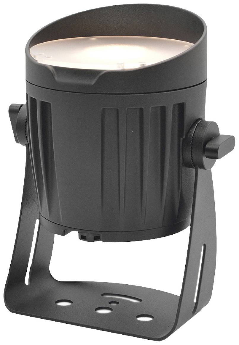 Un proiettore LED nero, cilindrico, con base stabilizzabile, adatto per illuminazione mirata in ambienti interni ed esterni.