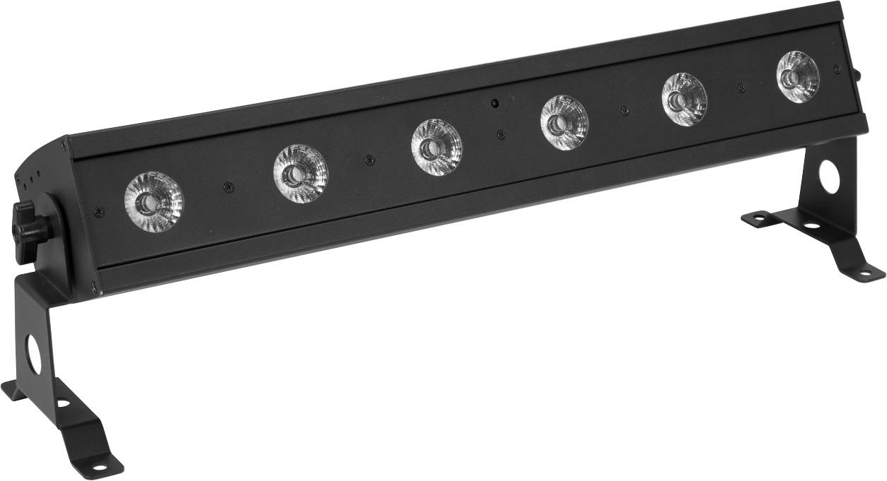 Barra luminosa LED nera con sei fari rotondi, montata su un supporto metallico regolabile.