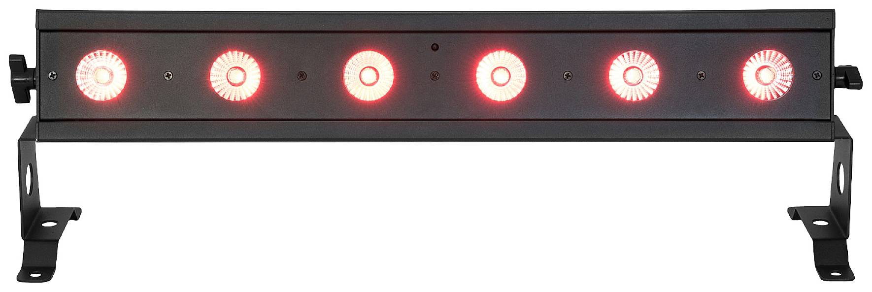 'Una barra luminosa LED con sei luci rosse illuminate su un involucro nero, adatta per l'illuminazione scenica o gli eventi.'