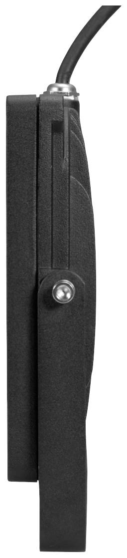 Oggetto metallico nero rettangolare visto di lato. Ha un fissaggio a vite e un cavo che sporge dalla parte superiore.