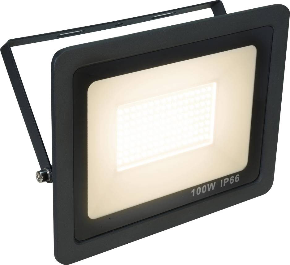 Proiettore LED rettangolare, con involucro nero e superficie luminosa, con etichetta in basso: '100W IP66', idoneo per illuminazione esterna.