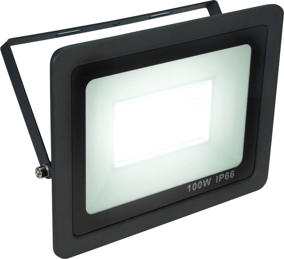 Un proiettore LED rettangolare con la scritta '100W IP66', idoneo per l'illuminazione esterna grazie all'elevata resistenza alle intemperie.