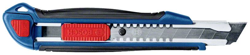 'Un cutter blu e nero con cursore rosso e lama in metallo.'
