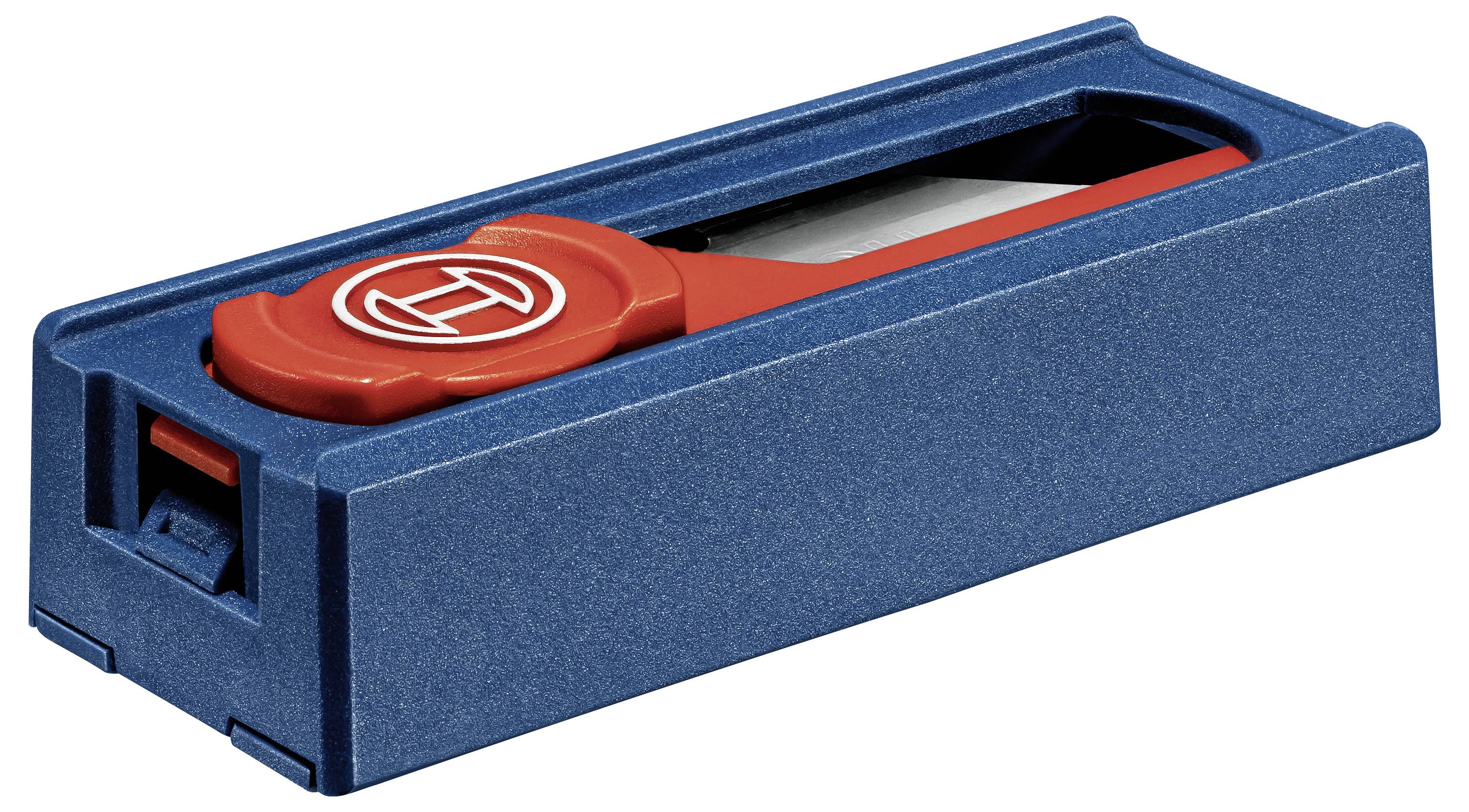 Un contenitore degli attrezzi blu con un dispositivo rosso al suo interno. Potrebbe essere un utensile o un accessorio per lavori tecnici.