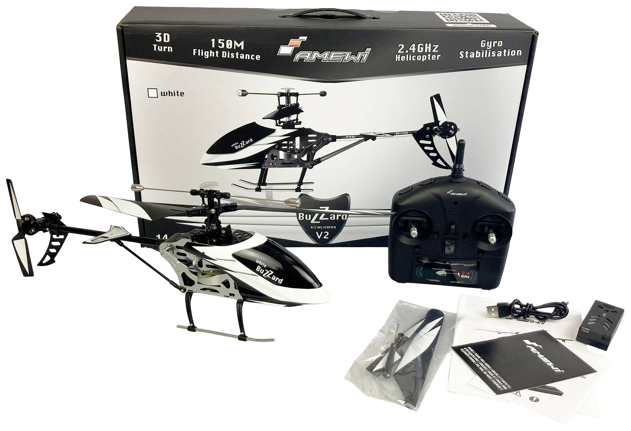 Un elicottero radiocomandato con telecomando e accessori davanti alla sua confezione. Sulla confezione è scritto 'Buzzard V2'.