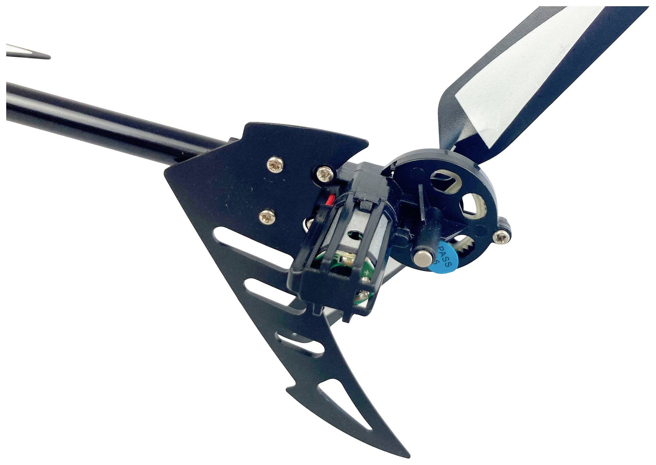 Primo piano di un'elica di drone nero con componenti meccaniche ed elettroniche montate su un supporto.