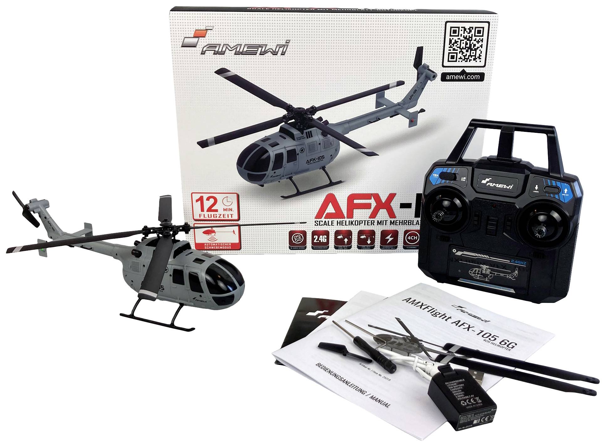 Modello di elicottero AFX-105 con telecomando, manuale di istruzioni e confezione. Adatto a partire da 12 anni, telecomandato.