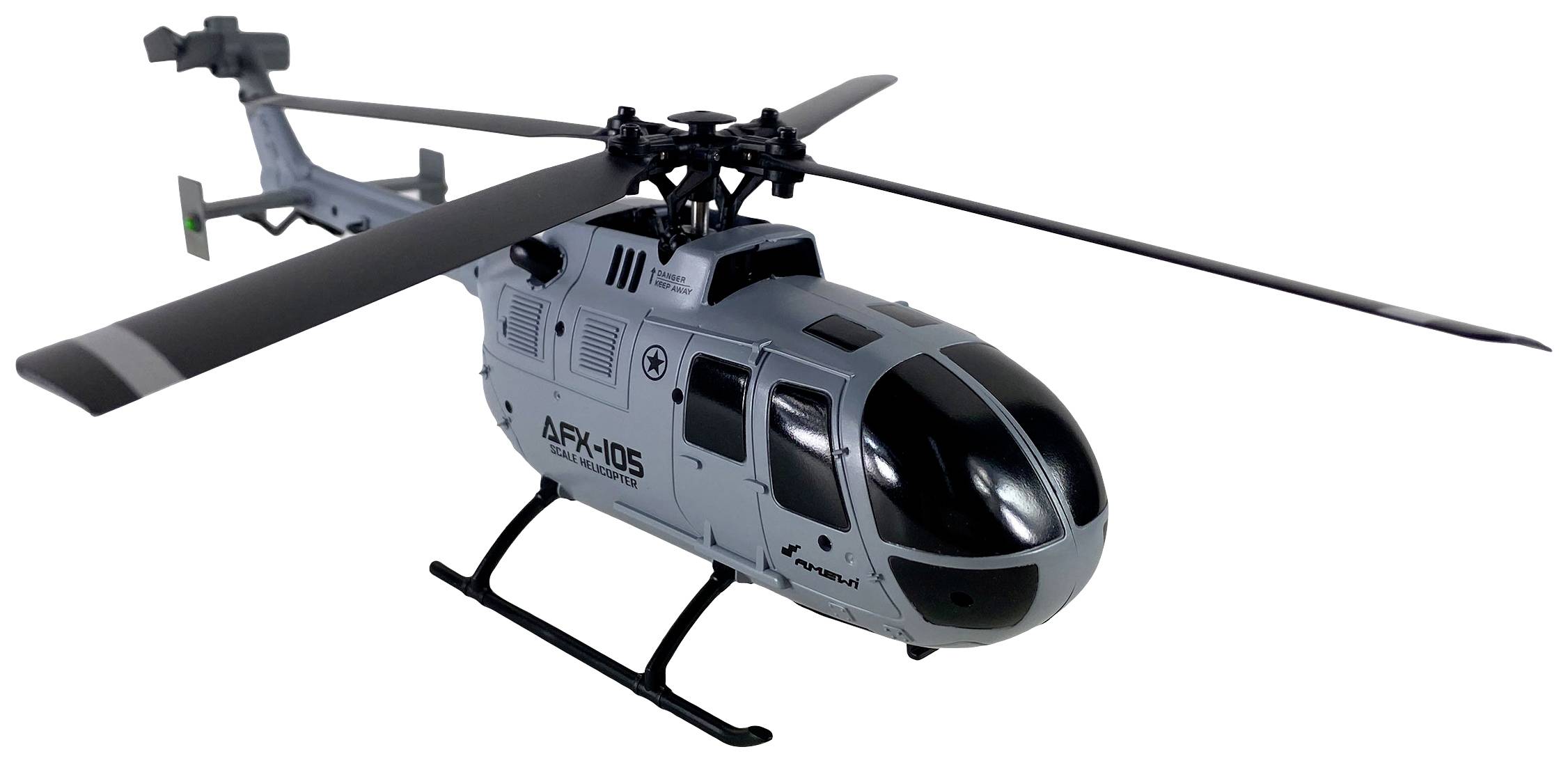 Un modello di elicottero grigio con la scritta 'AFX-105'. Il modello ha ali doppie e pattini, e si trova su uno sfondo bianco.