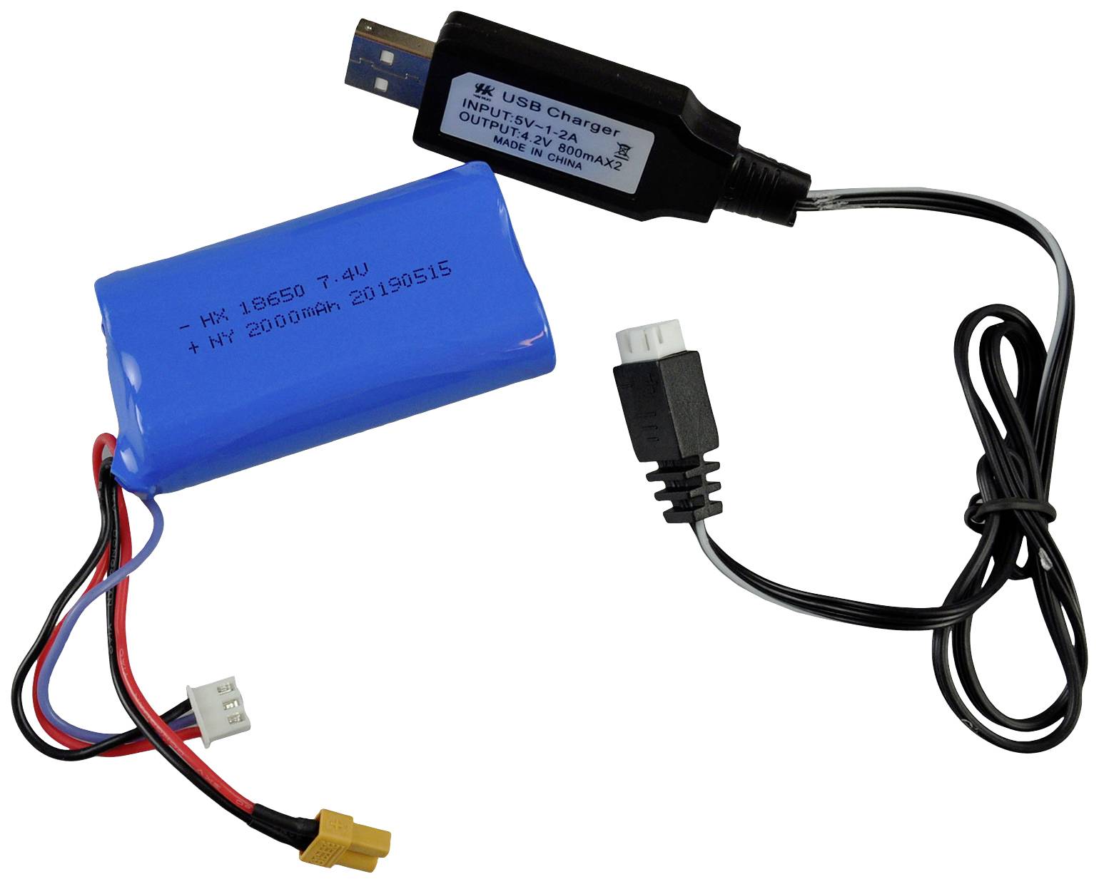 Batteria blu con cavi e connettori, collegata a un caricabatterie USB. Tipi di dispositivi e specifiche annotati sugli adesivi.