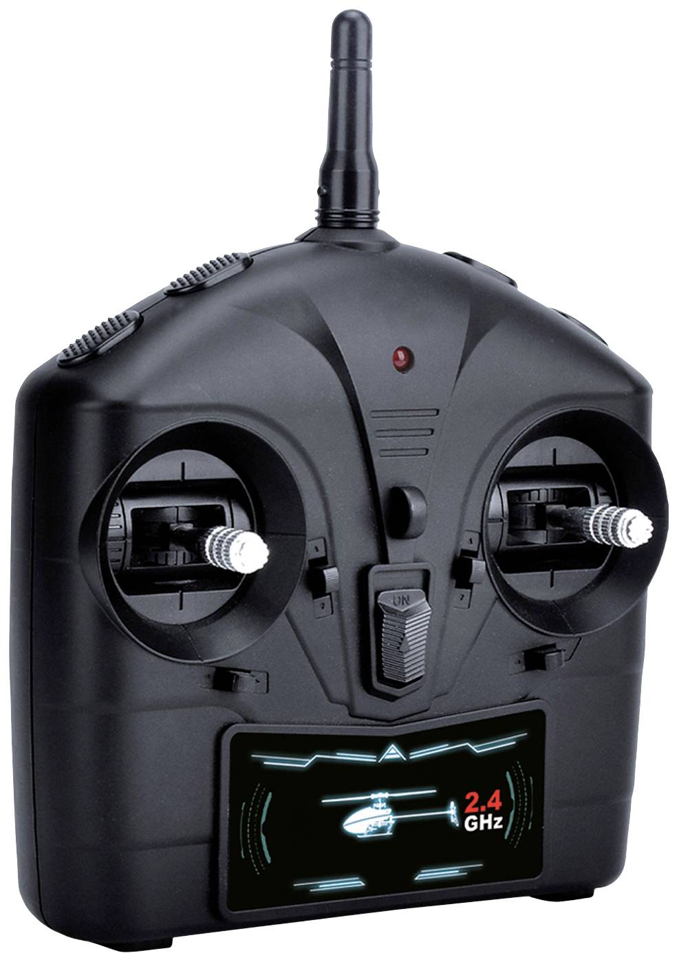 Telecomando nero con due leve di controllo, antenna e display digitale, mostra il simbolo dell'elicottero e '2.4 GHz'.