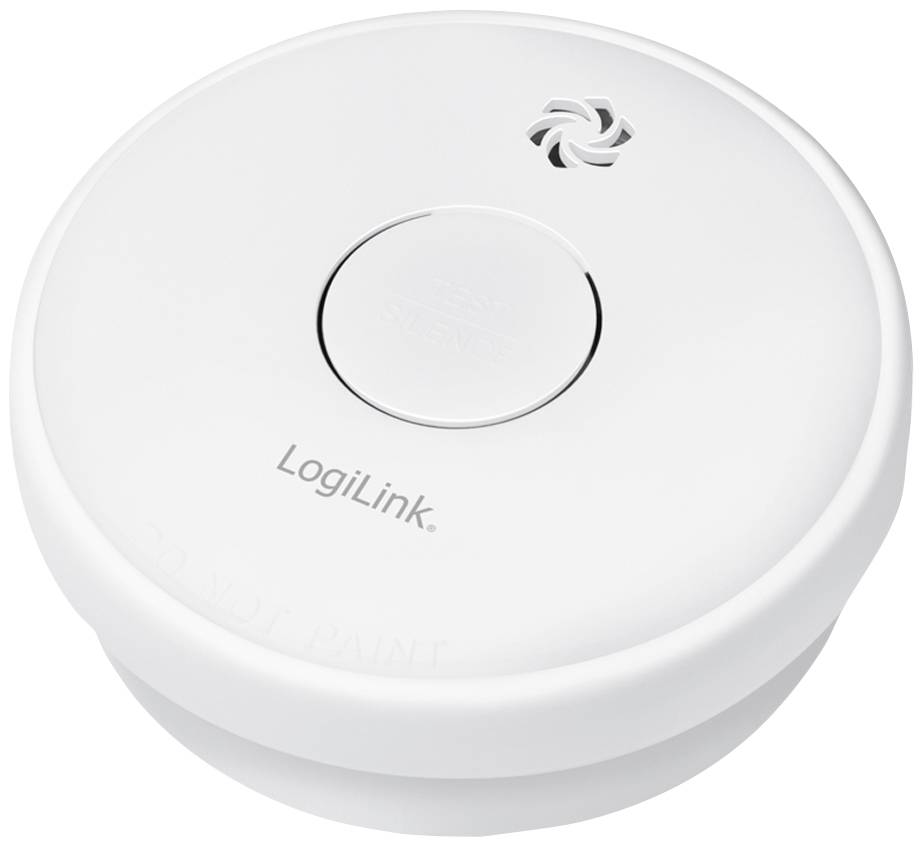 Rilevatore di fumo rotondo, bianco, con tasto centrale e fessure di ventilazione.