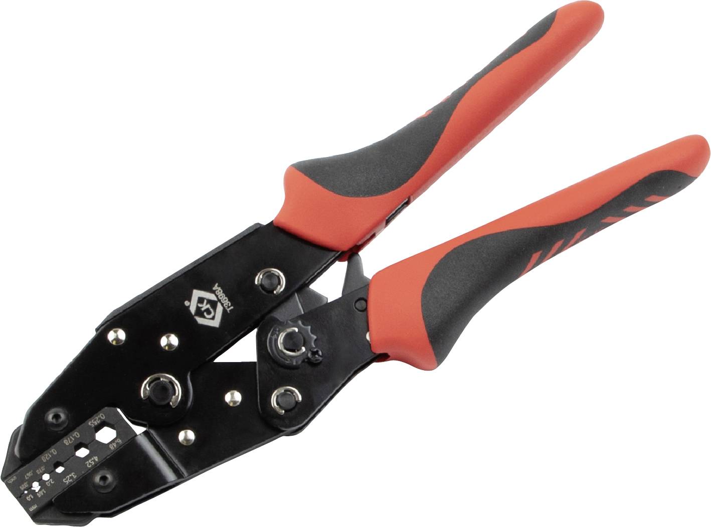 Una pinza crimpatrice nera con impugnature rosse, utilizzata per connettere cavi.