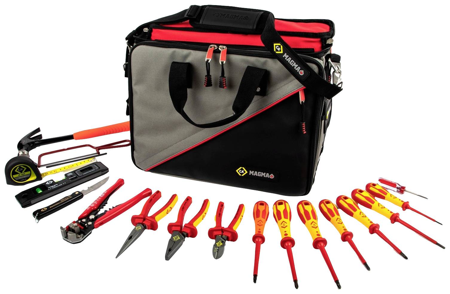 Un cofanetto porta attrezzi nero e grigio di Knipex con manici rosso-gialli, circondato da vari utensili da lavoro come cacciaviti, pinze e martello.