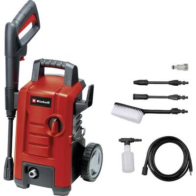 Idropulitrice elettrica rossa con pistola a spruzzo, lancia, ugelli, flacone di schiuma, tubo flessibile e accessori adattatore su sfondo bianco.