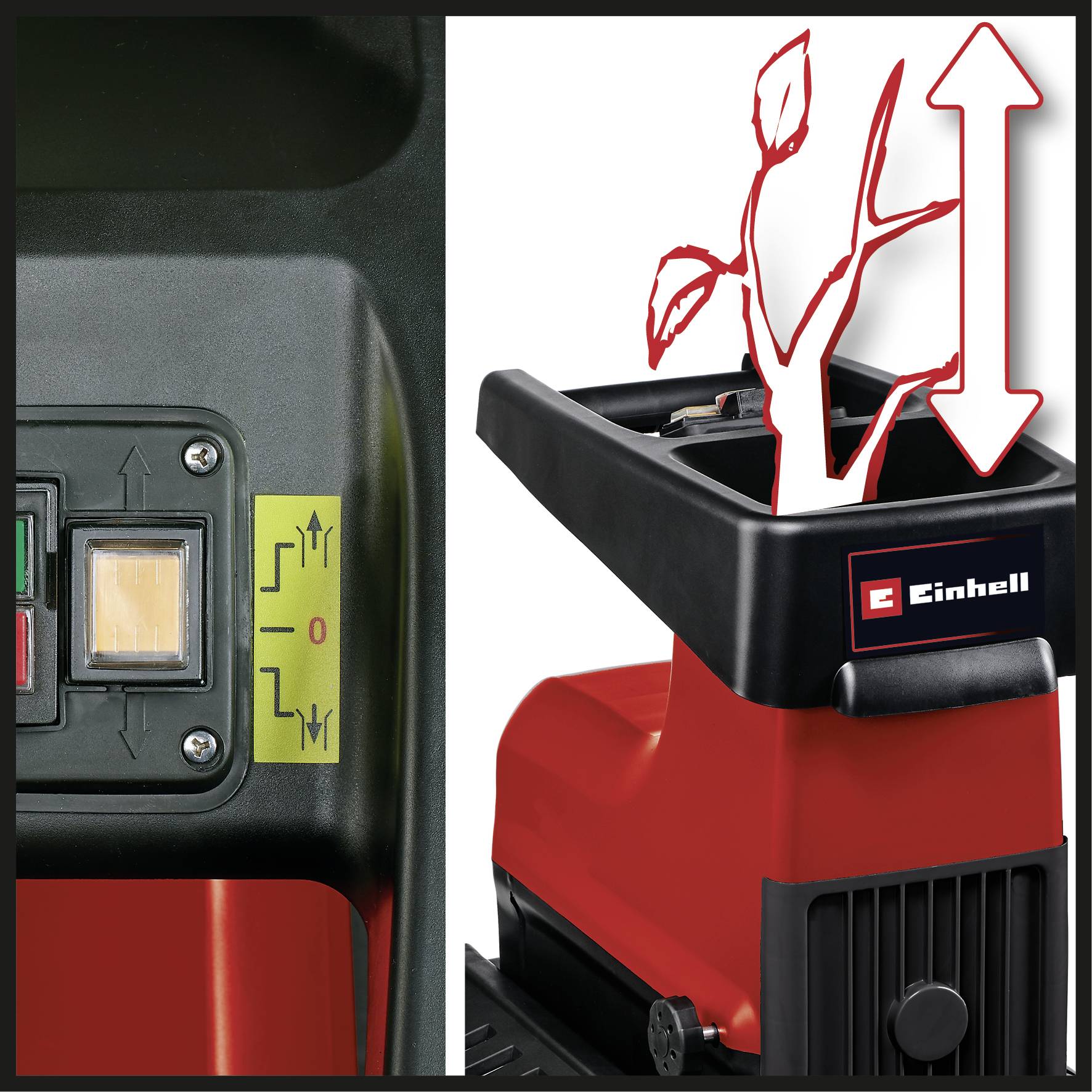 Trituratore Einhell rosso con interruttore on/off a sinistra, con simbolo dei rami sopra che indica lo stato di funzionamento, per residui da giardino.