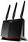 Router nero WLAN con tre antenne verticali e logo aziendale sul lato frontale, mostra tecnologia moderna per reti wireless.