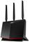 Router nero WLAN con tre antenne di ASUS, posizionato in verticale. Il dispositivo è adatto per connessioni internet veloci in ambiente domestico.