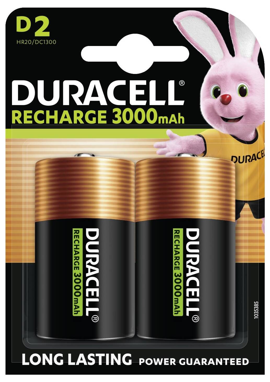 Confezione di due batterie ricaricabili Duracell D2 3000mAh, con un mascotte coniglietto rosa e che evidenzia "potenza duratura garantita".