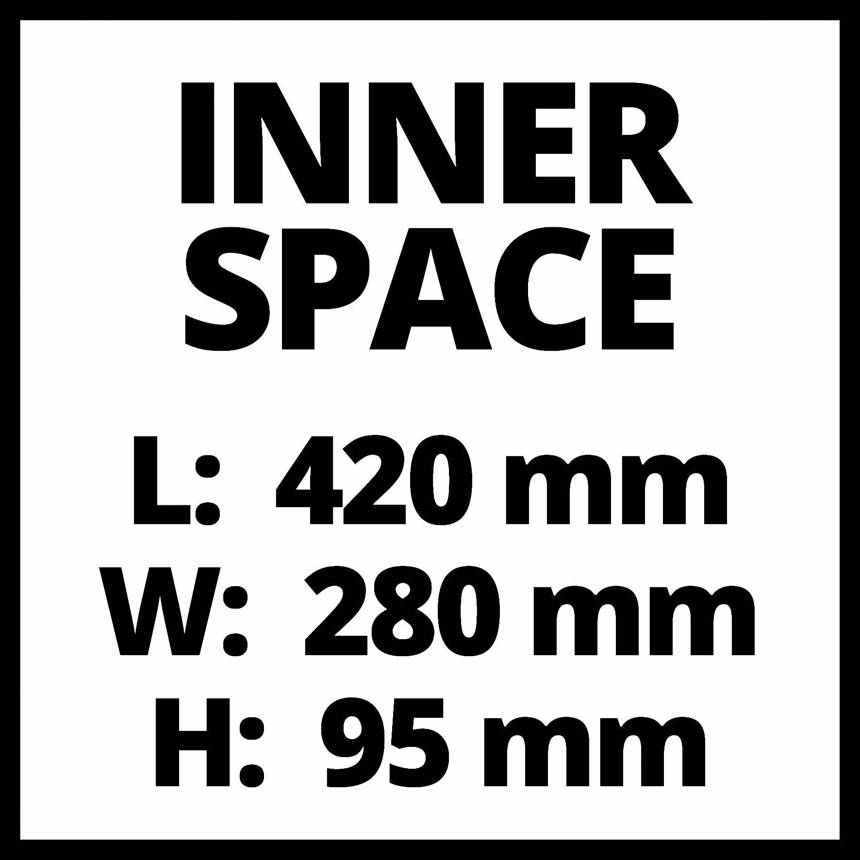 'INNER SPACE' e dimensioni: Lunghezza 420 mm, Larghezza 280 mm, Altezza 95 mm.
