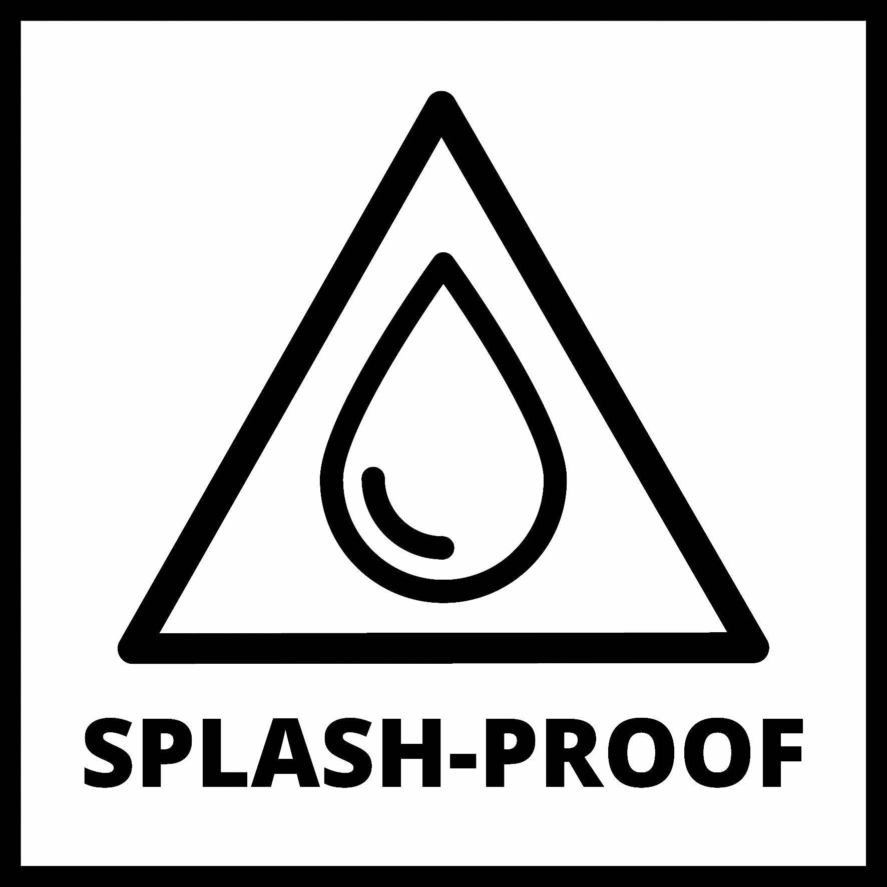 Simbolo triangolare con goccia all'interno. Sotto il testo 'SPLASH-PROOF', che indica protezione contro gli spruzzi d'acqua.