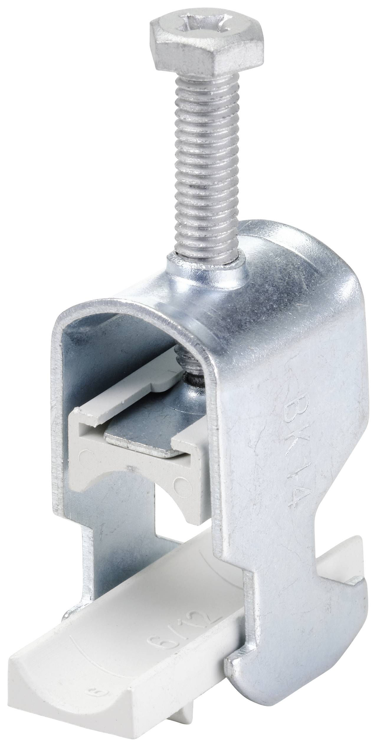 Morsetto metallico con vite, aperto, che mostra la struttura meccanica per fissare oggetti. Color argento, dal design tecnico.