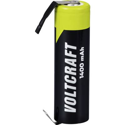 Una batteria nera e gialla con la scritta 'Voltcraft 1400 mAh', adatta per dispositivi elettronici.