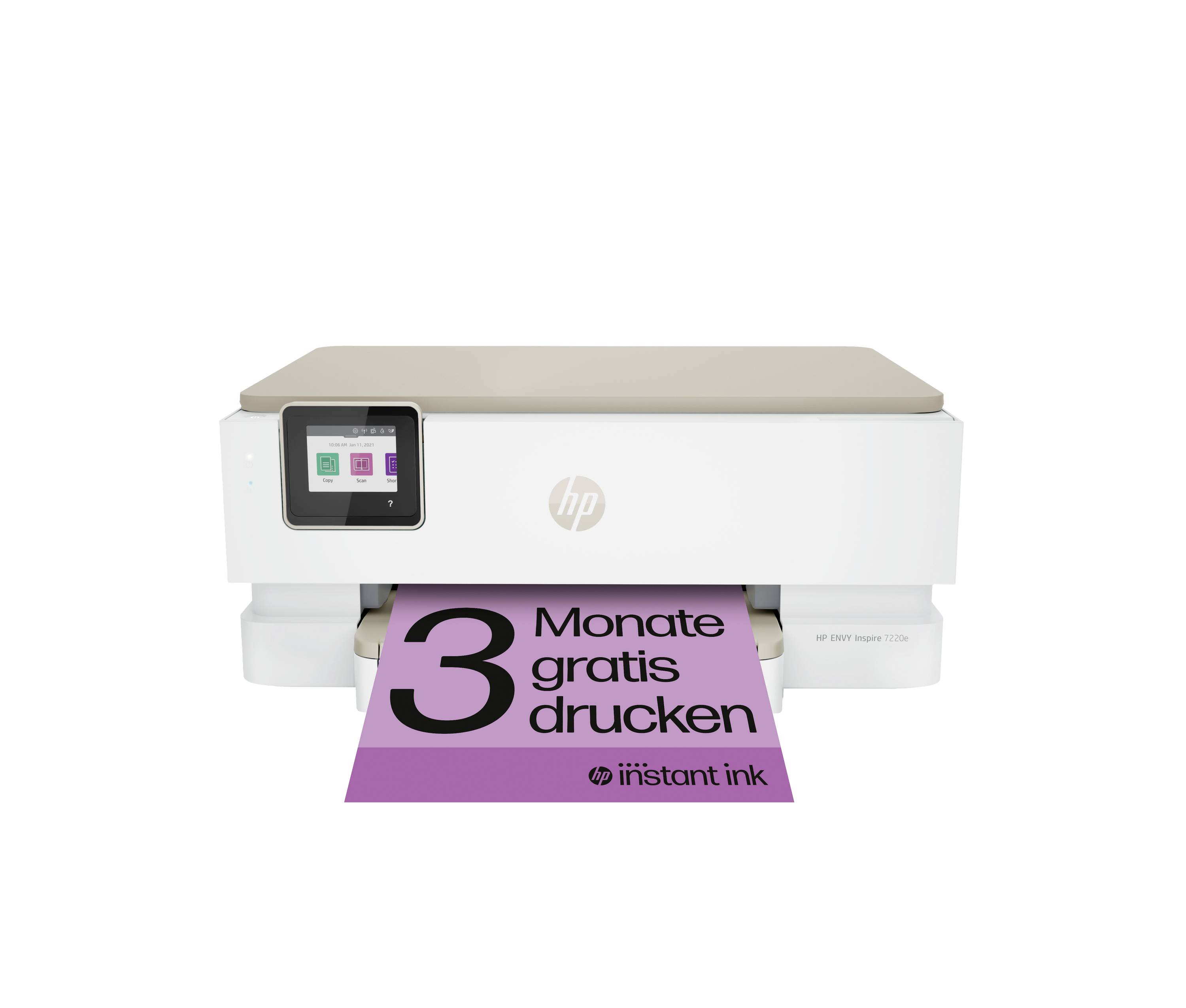Una stampante bianca con un display che emette un foglio con la scritta '3 mesi di stampa gratuita' pubblicizza un servizio di stampa.