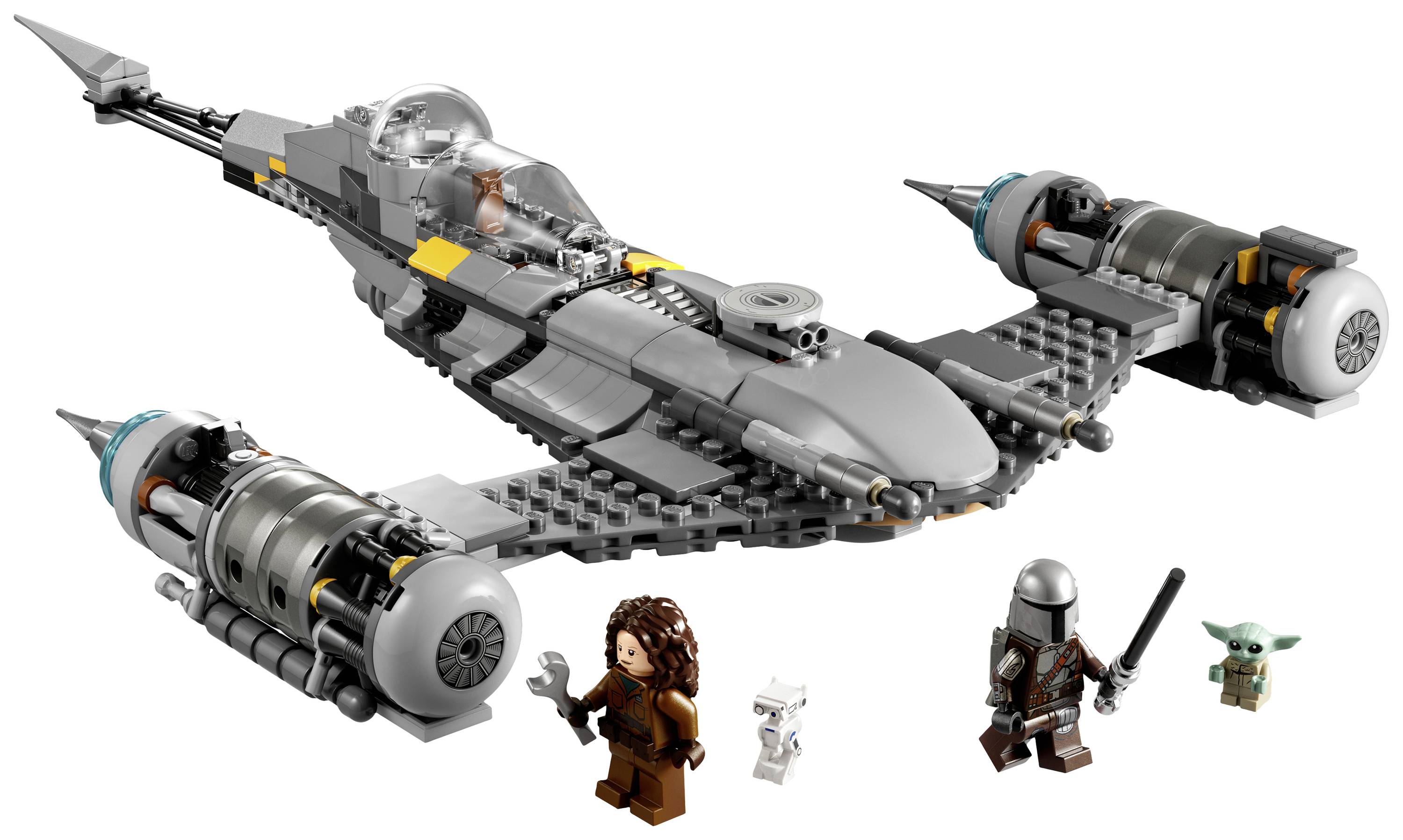 Nave spaziale LEGO con due piloti e due figure al di sotto. Le figure rappresentano personaggi immaginari con outfit iconici.
