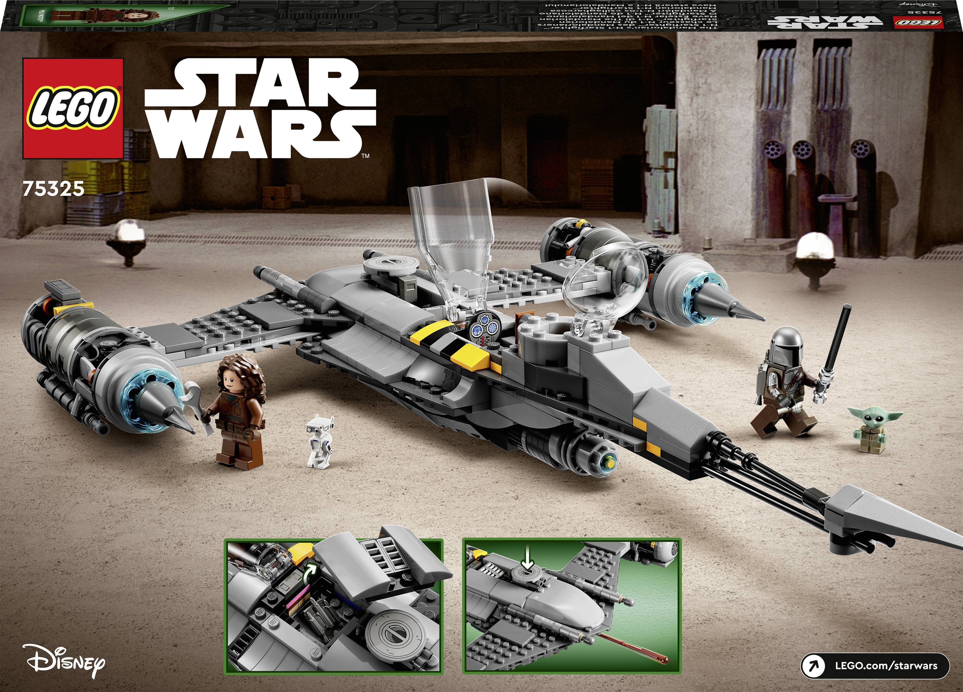 Set Lego 'Star Wars' con astronave e due personaggi in un contesto desertico. Viste dettagliate del modello qui sotto.