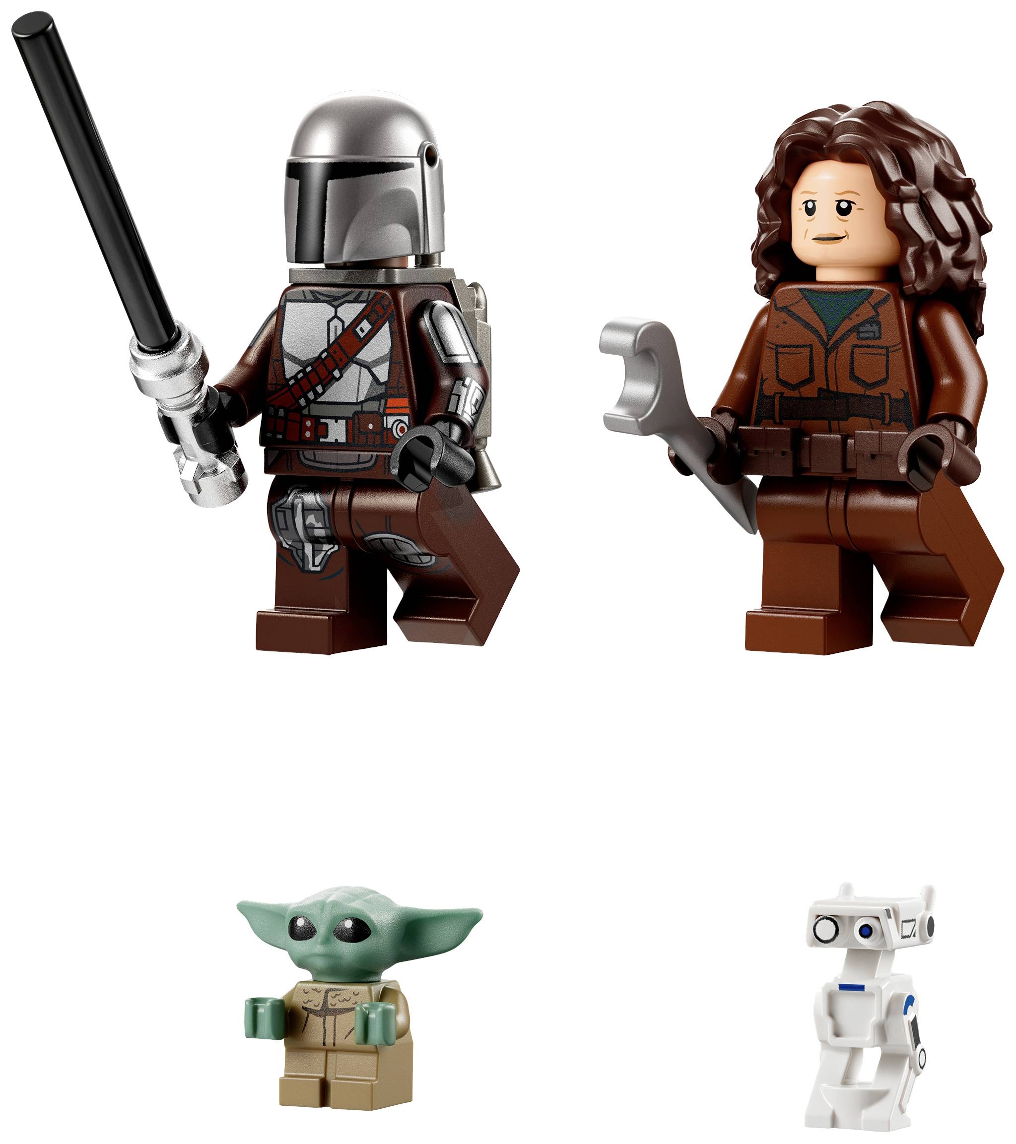 Quattro figure LEGO: Un guerriero con elmo e bastone, una persona con chiave inglese, una piccola figura verde e un robot bianco.