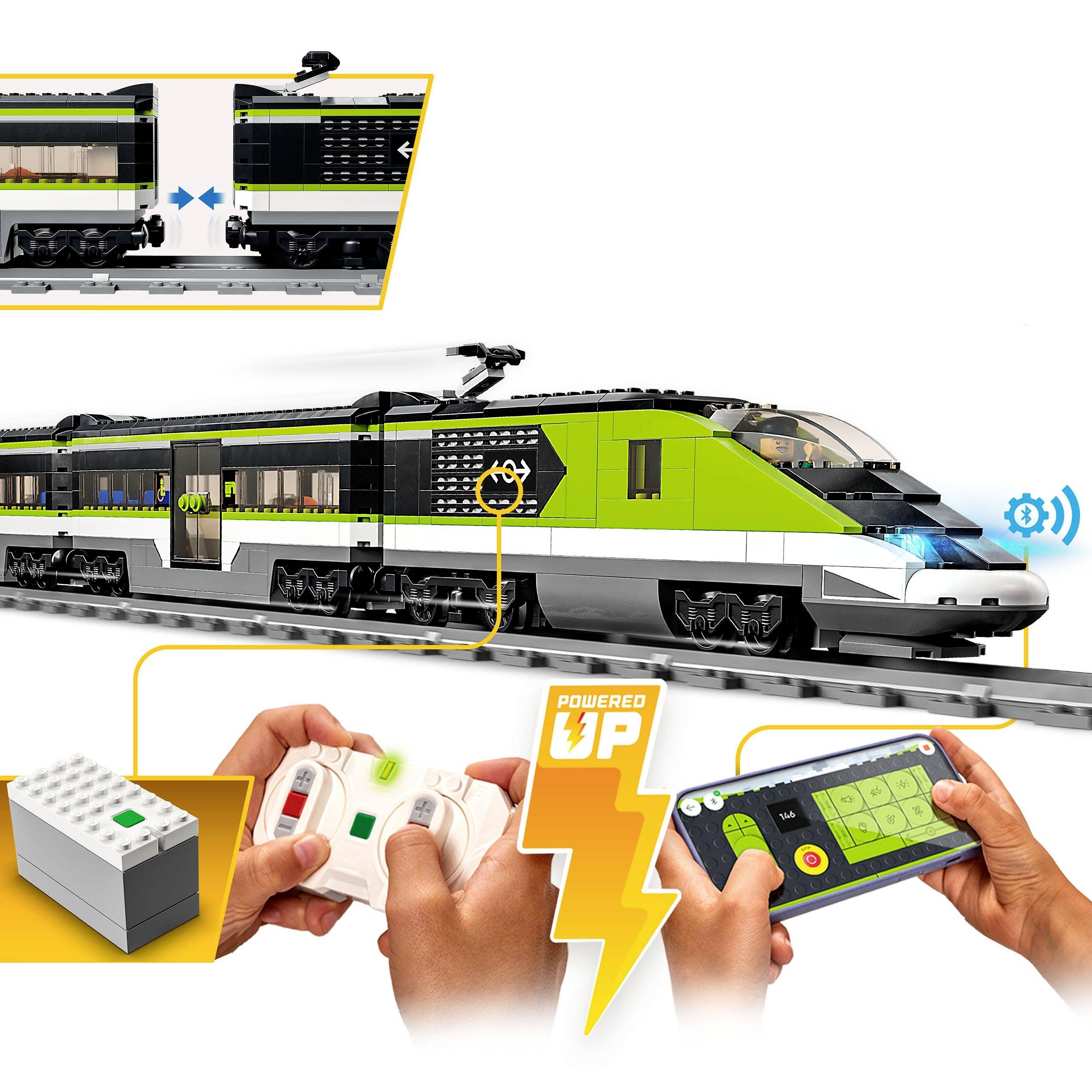 Modello di treno con colorazione verde e nera, controllabile tramite app e telecomando. Blocco di azionamento evidenziato.