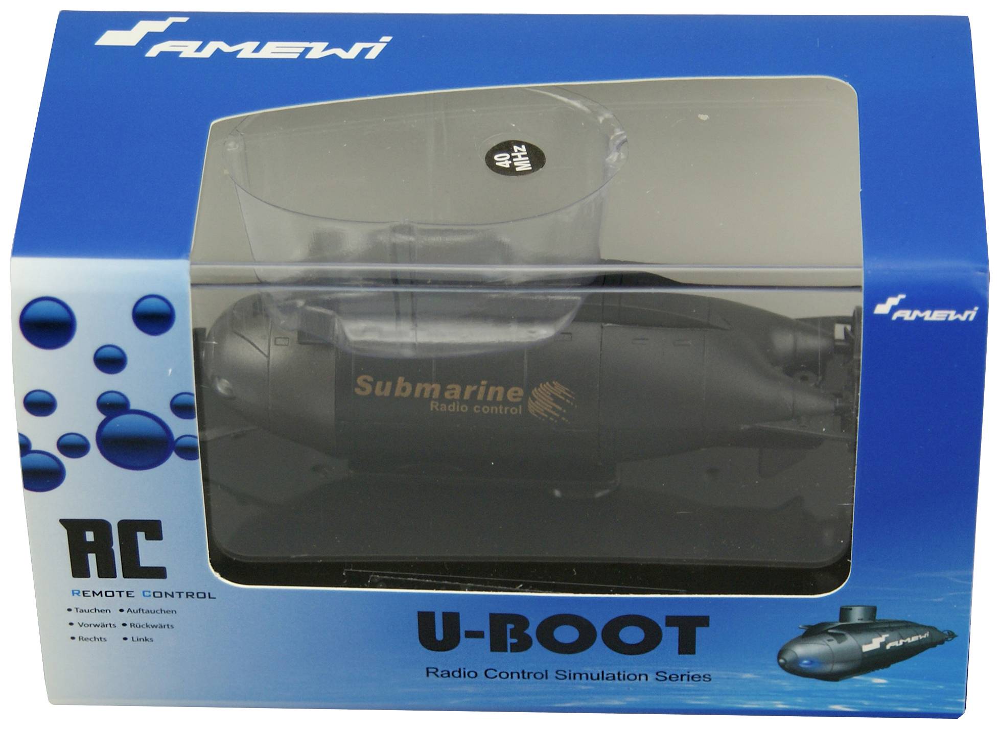 Un modello di sommergibile telecomandato in una confezione blu, contrassegnato con 'Submarine' e 'U-BOOT'.