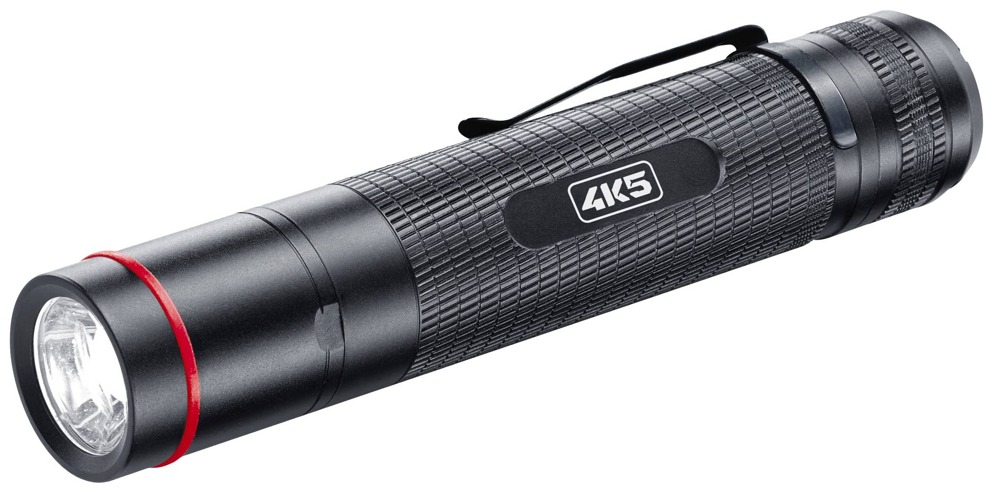 Torcia nera con anello rosso e clip, logo del marchio '4K5' sul lato, posizionata su sfondo bianco.