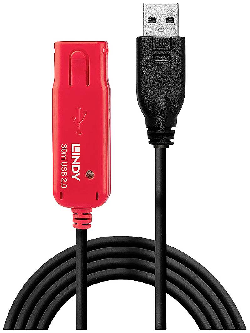 Un cavo di prolunga USB rosso con connettore nero. Il cavo è arrotolato. Marcatura sulla parte rossa: '30m USB 2.0'.