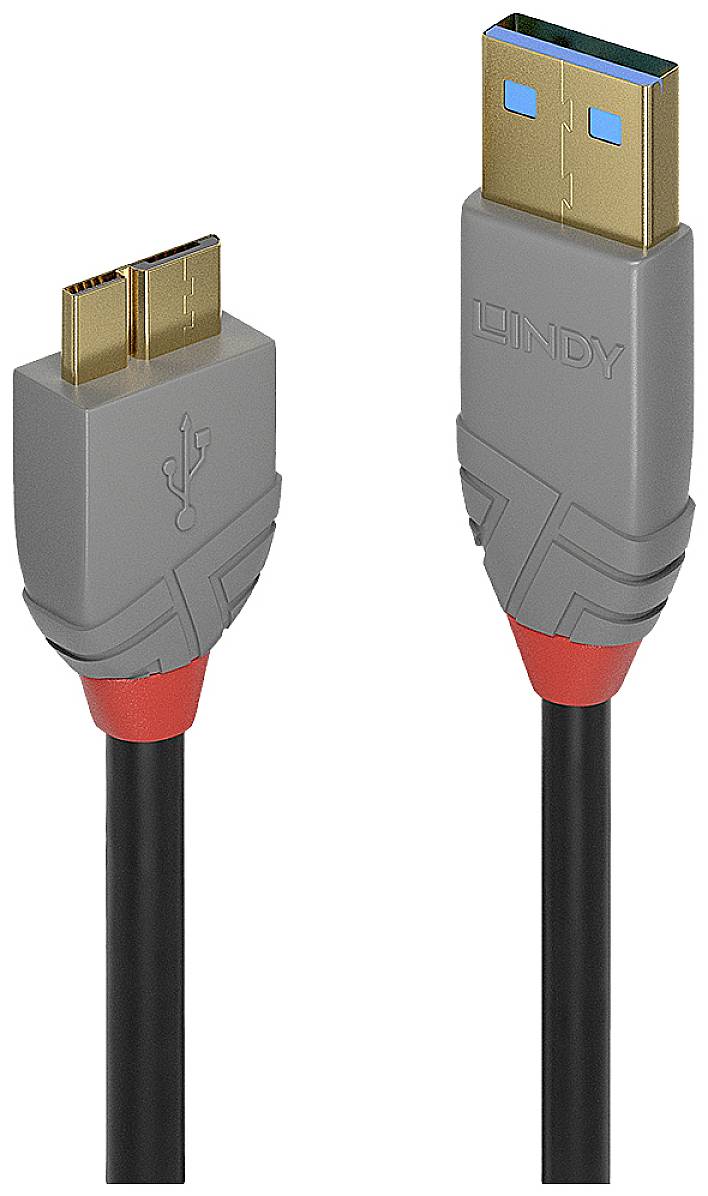 Cavo USB con due connettori diversi: a sinistra Micro-USB, a destra USB 3.0. Spine grigie con accenti rossi.