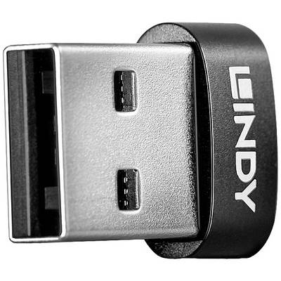 Primo piano laterale di un connettore USB con il marchio 'Lindy', idoneo per il collegamento a dispositivi compatibili.